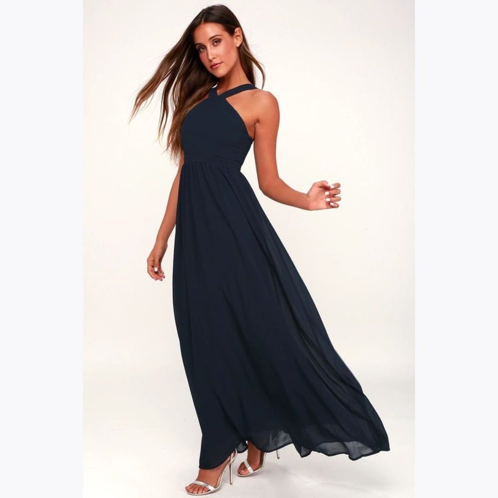 LULU'S Air of Romance Navy Blue Georgette Maxi Dress sz M Women's Wedding Guest - Picture 8 of 10